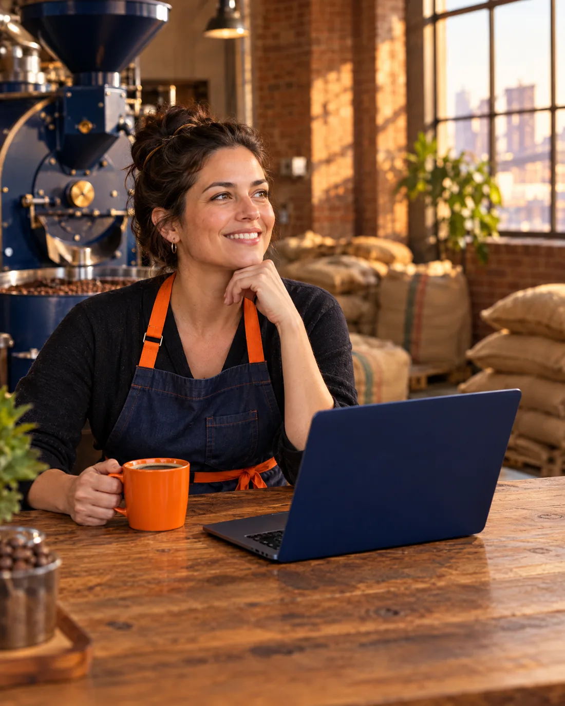 Dona de uma torrefação de café em Nova York sorrindo à mesa, com o notebook e uma caneca laranja