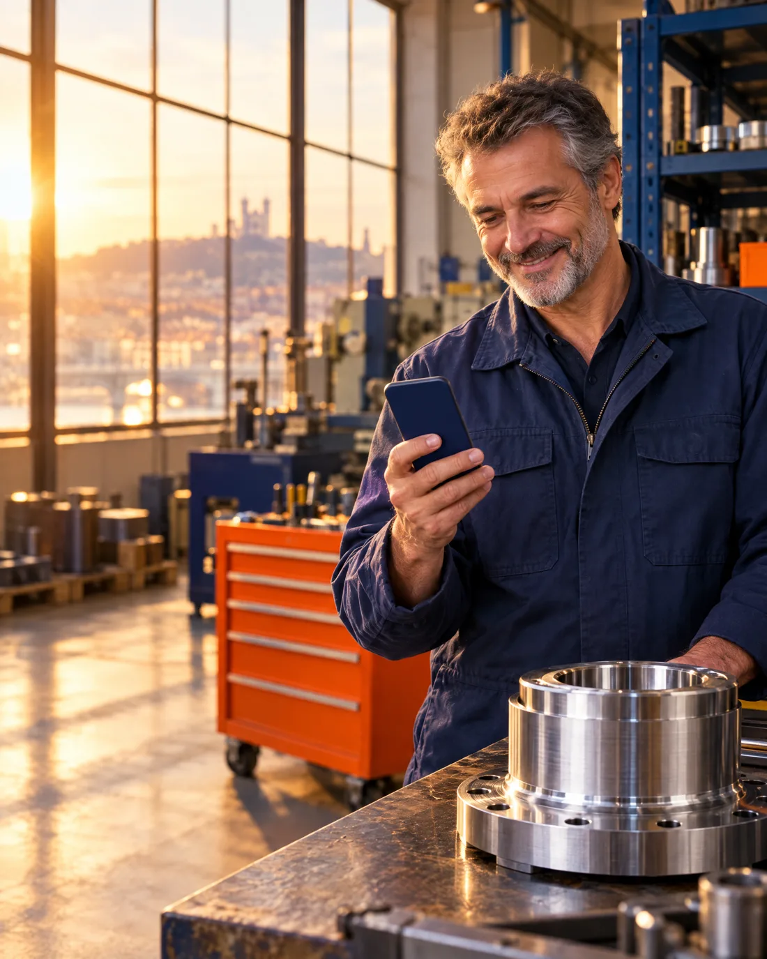 Dono de uma oficina de máquinas na França sorrindo para o celular ao lado de uma peça de aço