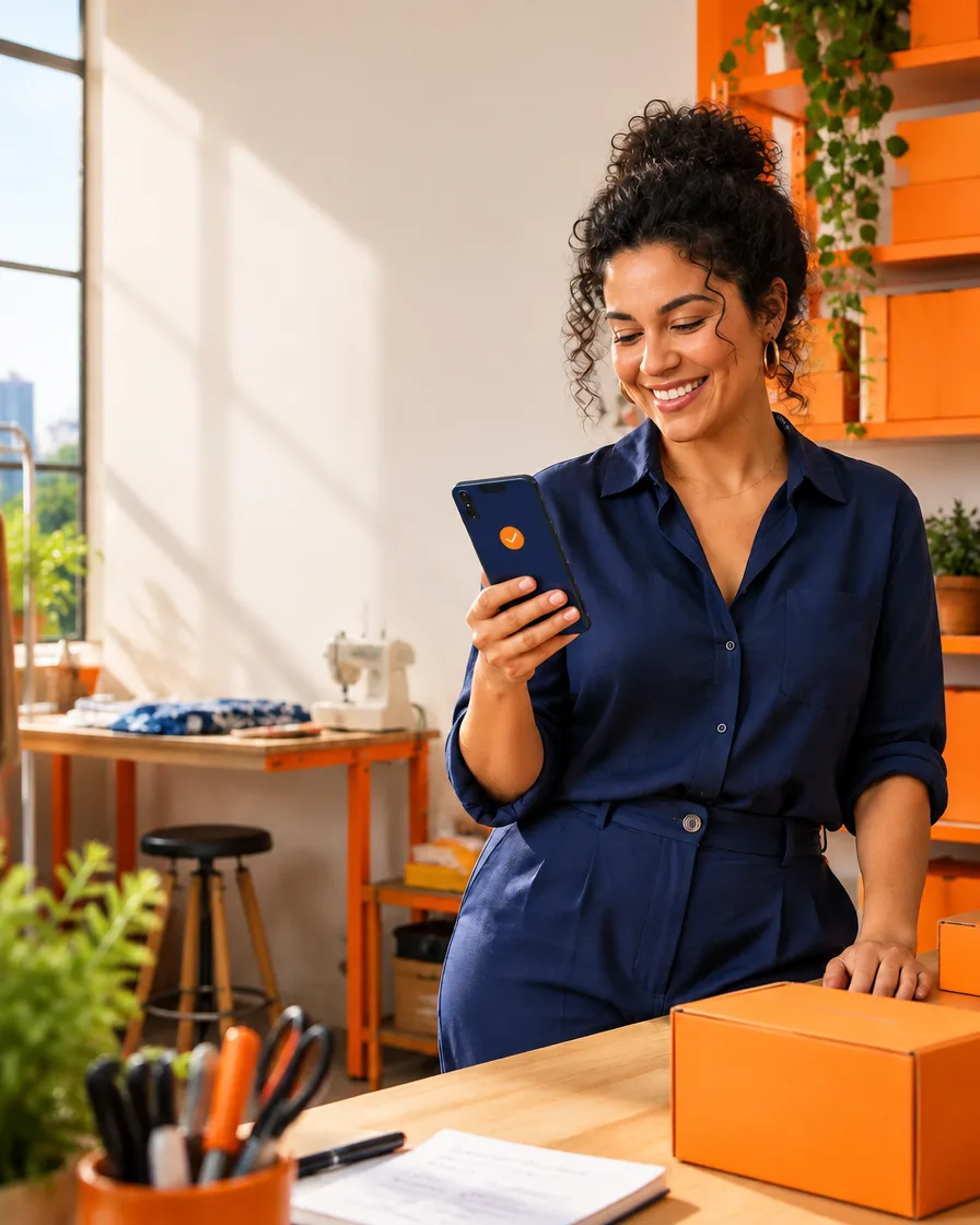 Empreendedora sorrindo com o celular na mão, no escritório de uma pequena empresa com caixas laranja