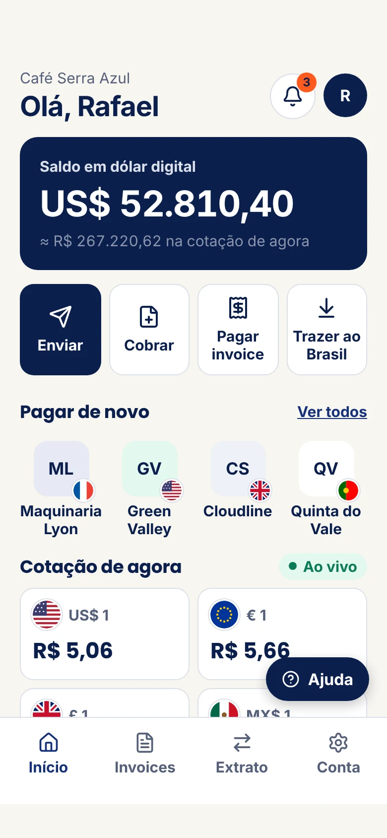Início do app no celular: saldo da empresa e atalhos para enviar, cobrar, pagar invoice e trazer ao Brasil