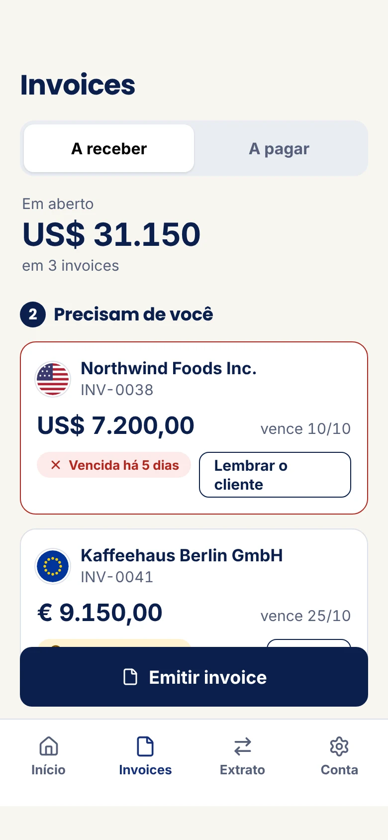 Tela Invoices a receber: US$ 31.150 em aberto em 3 invoices