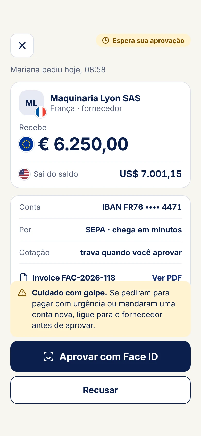 Tela Aprovar pagamento: € 6.250,00 para a Maquinaria Lyon