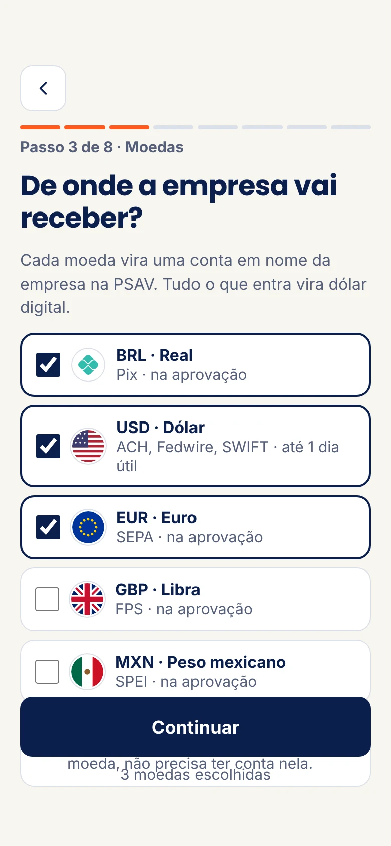Tela De onde a empresa vai receber: real, dólar e euro marcados