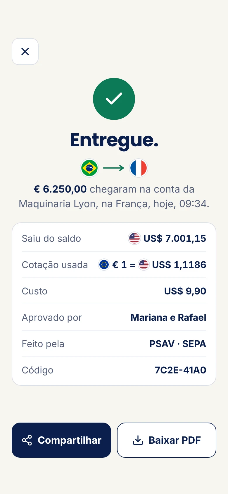 Tela Entregue: € 6.250,00 chegaram na conta da Maquinaria Lyon, com comprovante