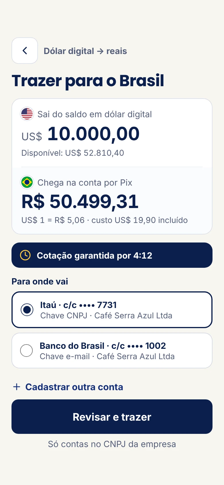 Tela Trazer para o Brasil: US$ 10.000 em reais por Pix na conta da empresa